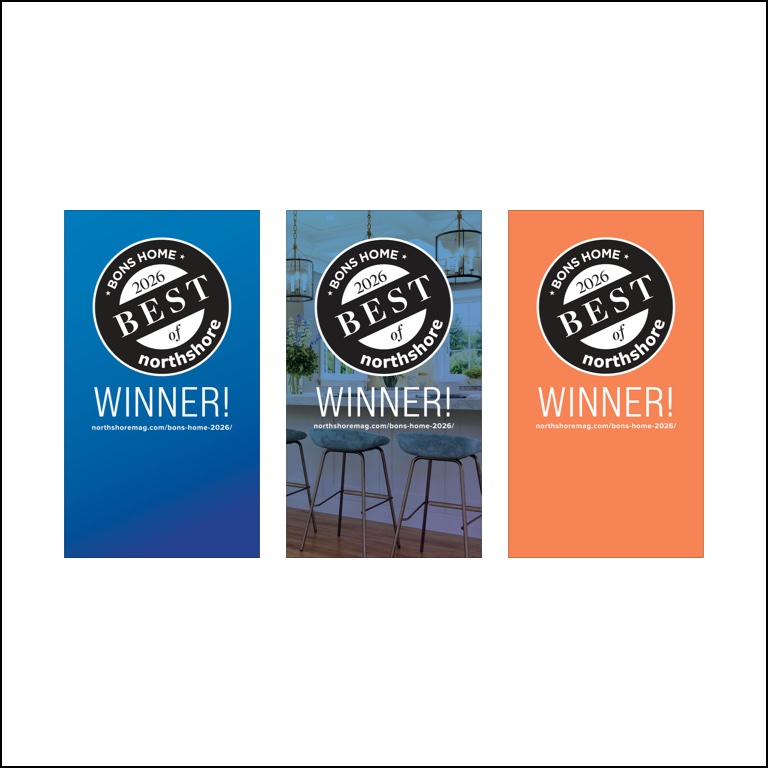 BONS Home 2026 winner story graphics in blue, photo and orange