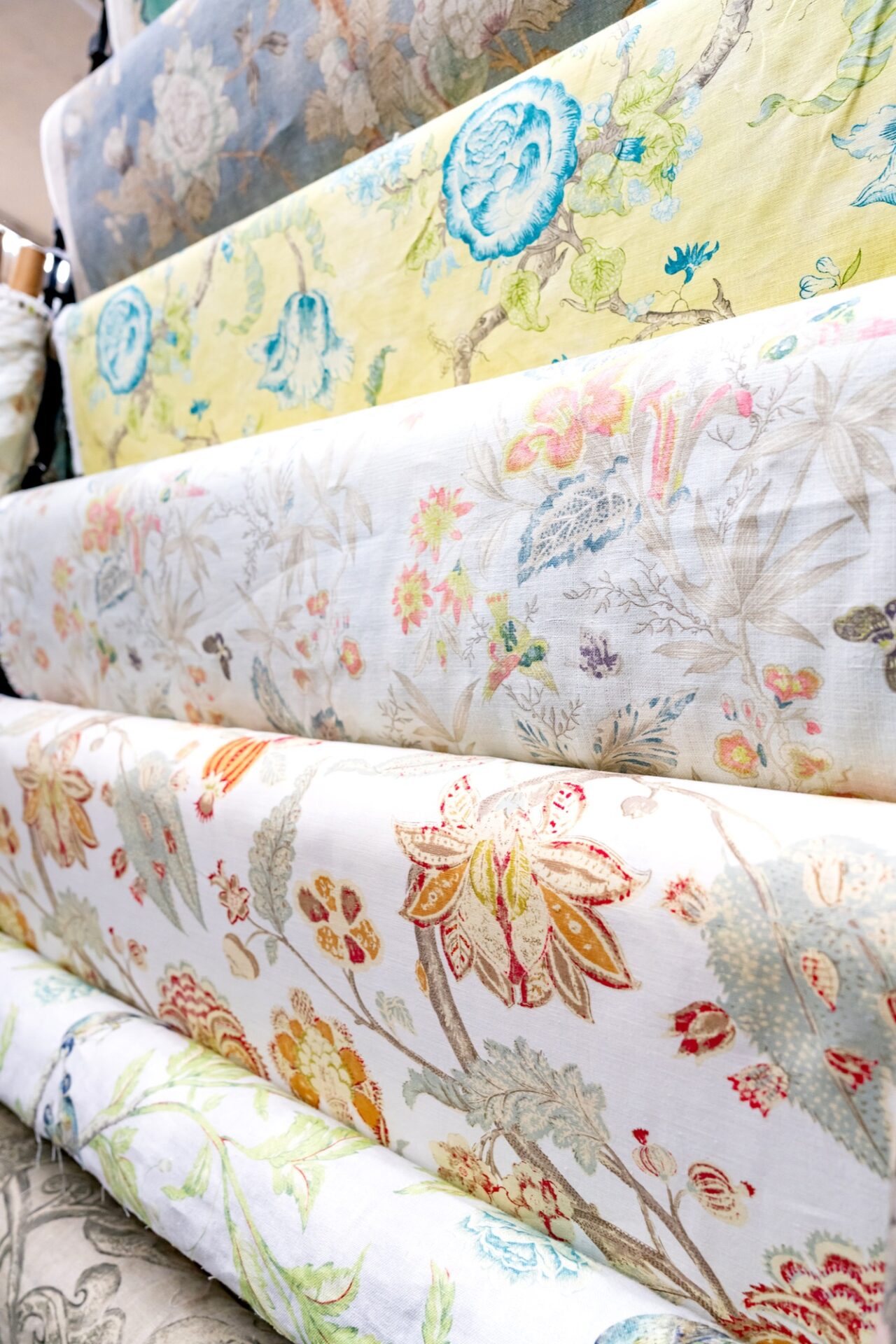 Bolts of floral printed fabrics at Zimman's