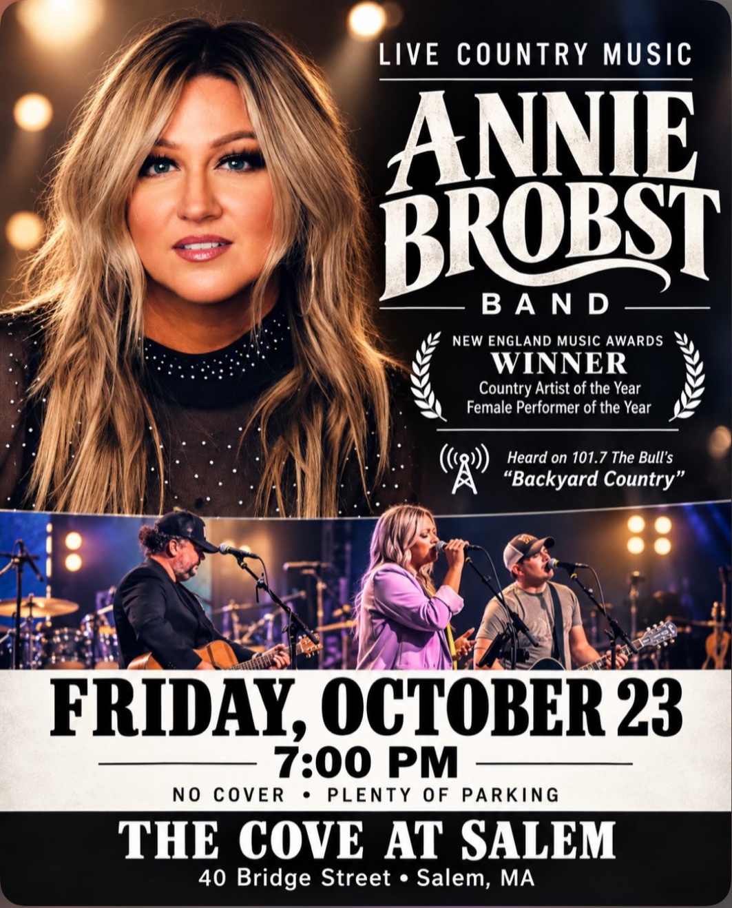 Annie Brobst Band flyer for live country music at The Cove at Salem on Friday, October 23, at 7 p.m., with no cover charge.