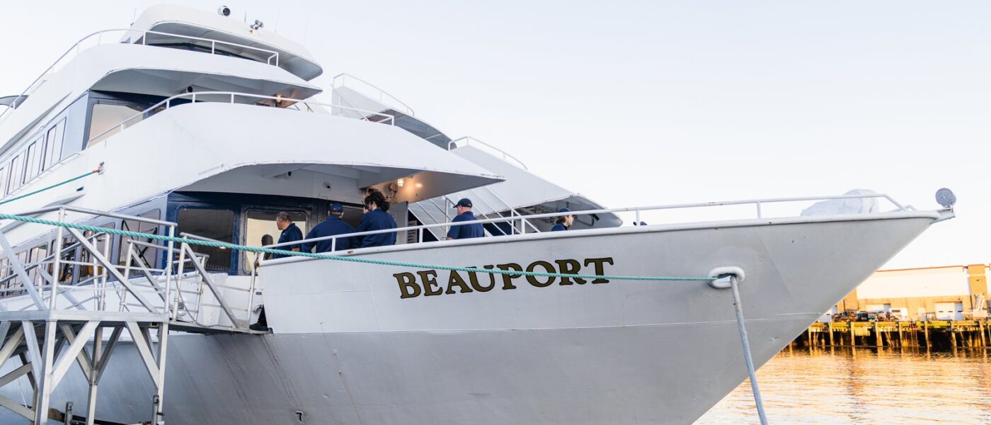 The Beauport cruise boat docked in Gloucester in the evening light