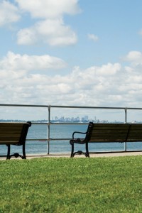 benches along an ocean path